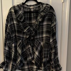 Anthropologie pBlack and White Plaid Ruffle Top